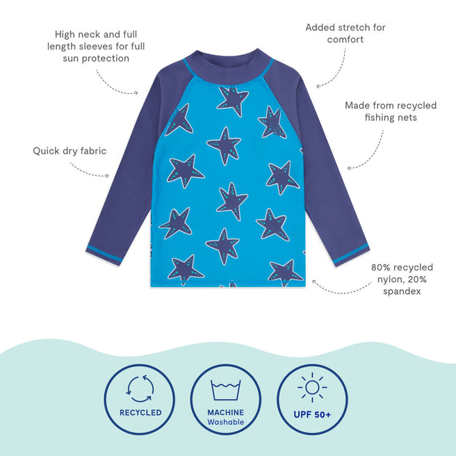 UV Protective Rash Vest Blue Starfish, a long sleeved top with blue starfish pattern on the body and darker blue sleeves.